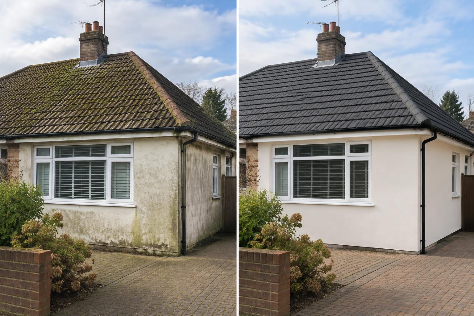 Before and after comparison of a mossy bungalow roof and stained render restored with protective coatings