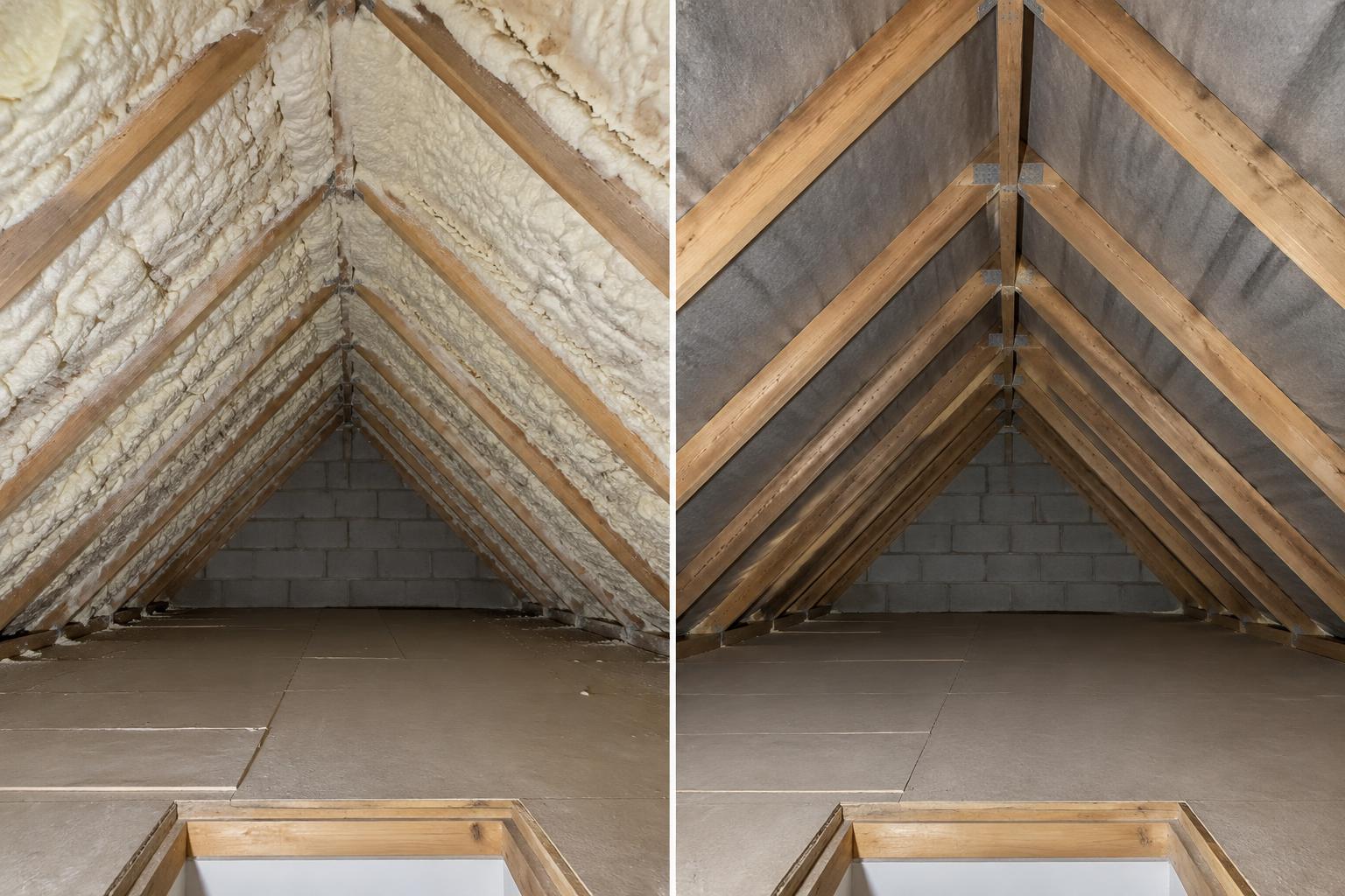Before and after comparison of spray foam between loft rafters and exposed timbers after removal